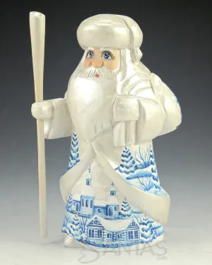 Pearly White Blue Accents Russian Santa with Toy Bag and Staff 6 inch