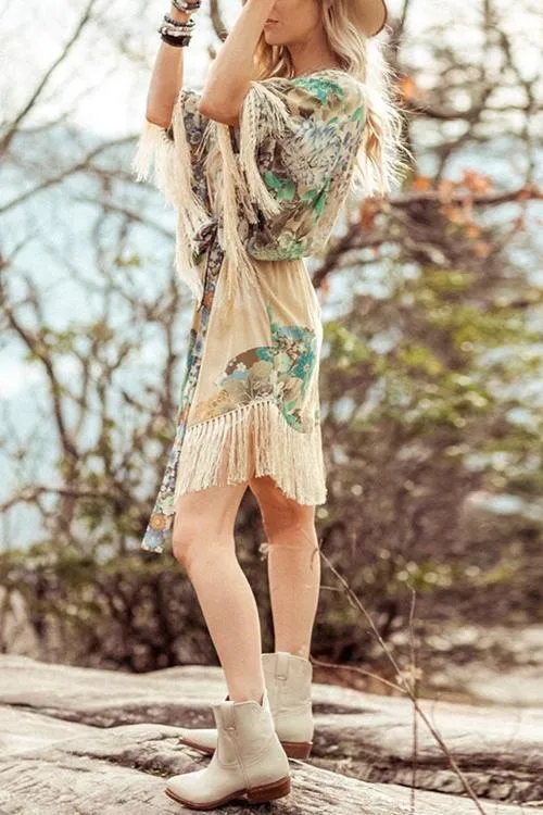 Print Tassels Flares Sleeve Mini Dress