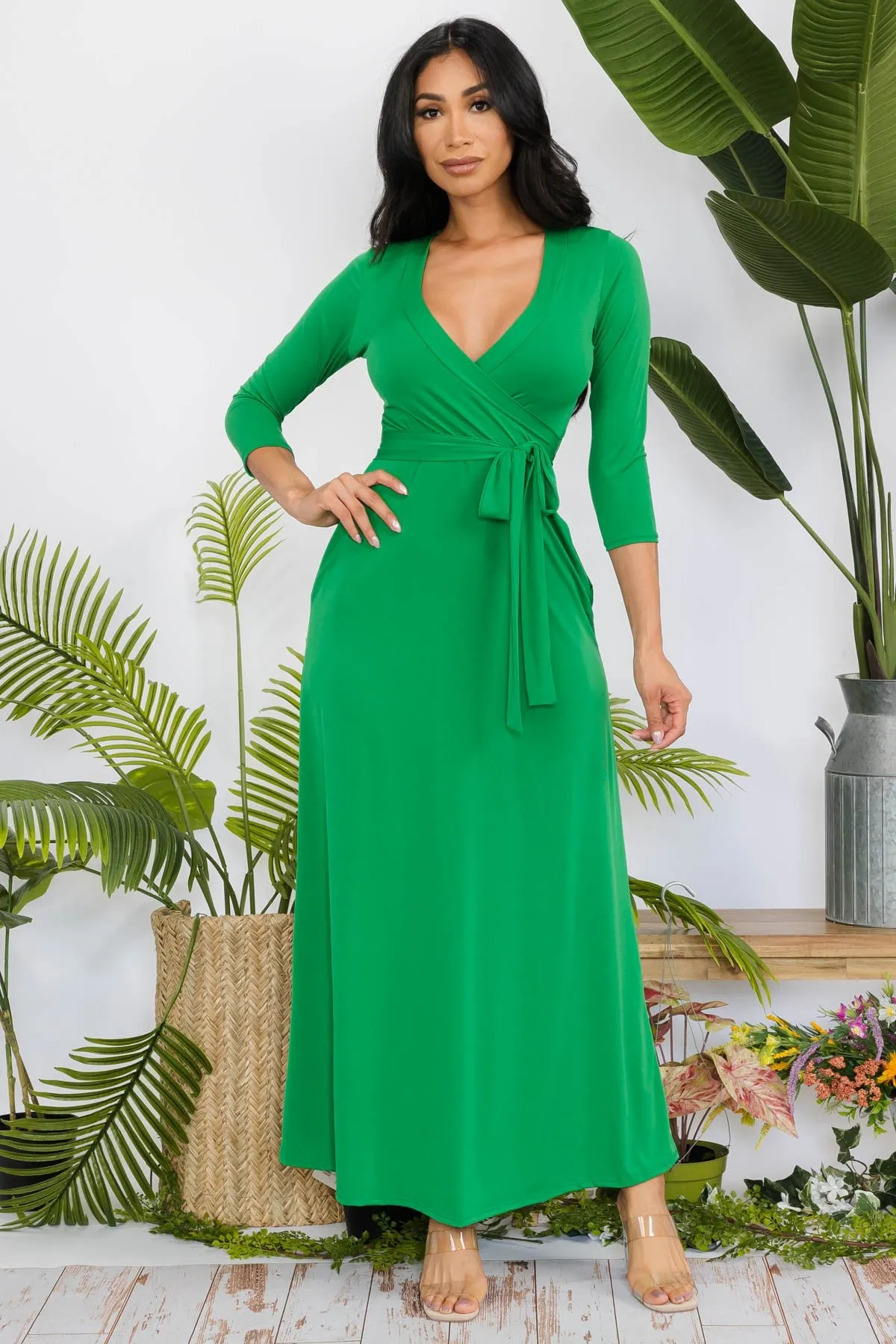 SAN149X-SOLID - 3/4 SLEEVE MAXI DRESS