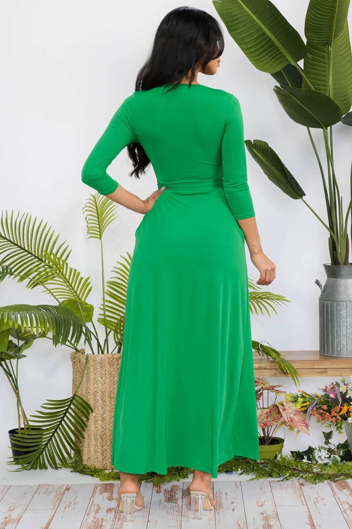 SAN149X-SOLID - 3/4 SLEEVE MAXI DRESS