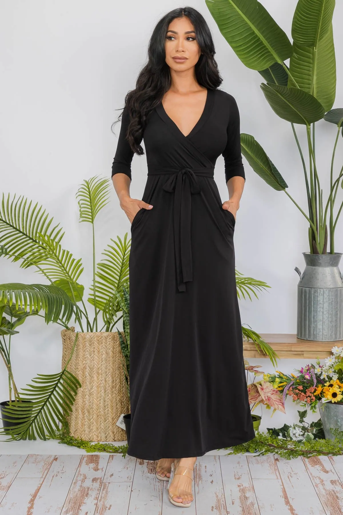 SAN149X-SOLID - 3/4 SLEEVE MAXI DRESS