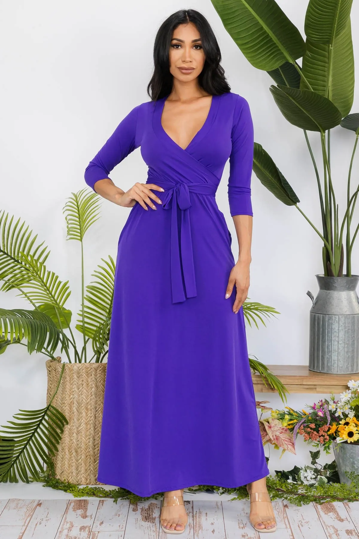 SAN149X-SOLID - 3/4 SLEEVE MAXI DRESS