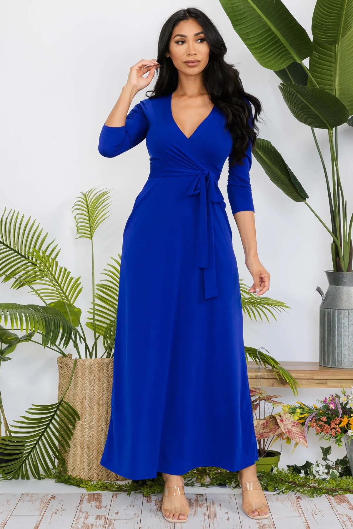 SAN149X-SOLID - 3/4 SLEEVE MAXI DRESS