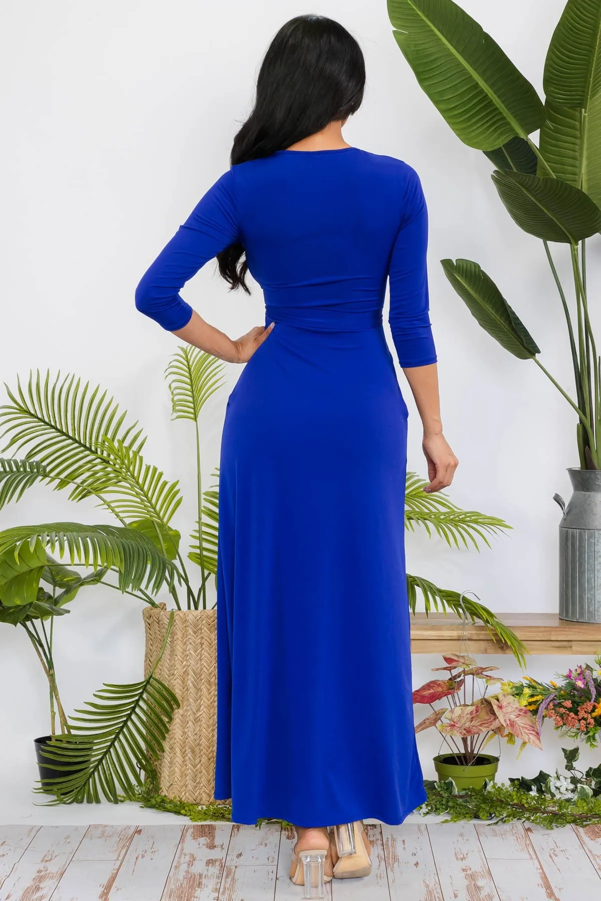 SAN149X-SOLID - 3/4 SLEEVE MAXI DRESS