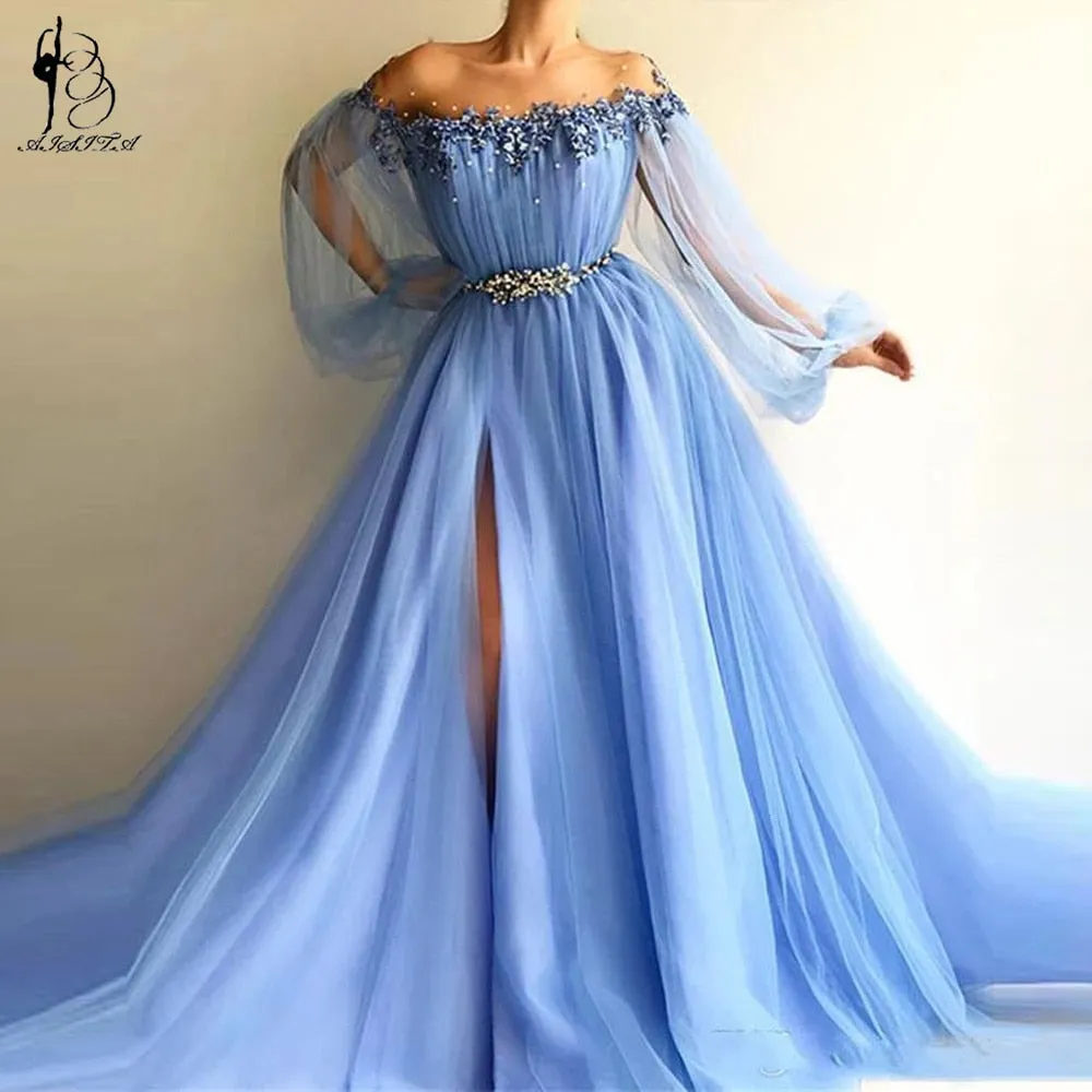 Sexy Slit Chiffon Long Evening Dresses  Women Formal Gowns Lantern Sleeves Prom Gowns For Party Flowers Vestidos De Fiesta