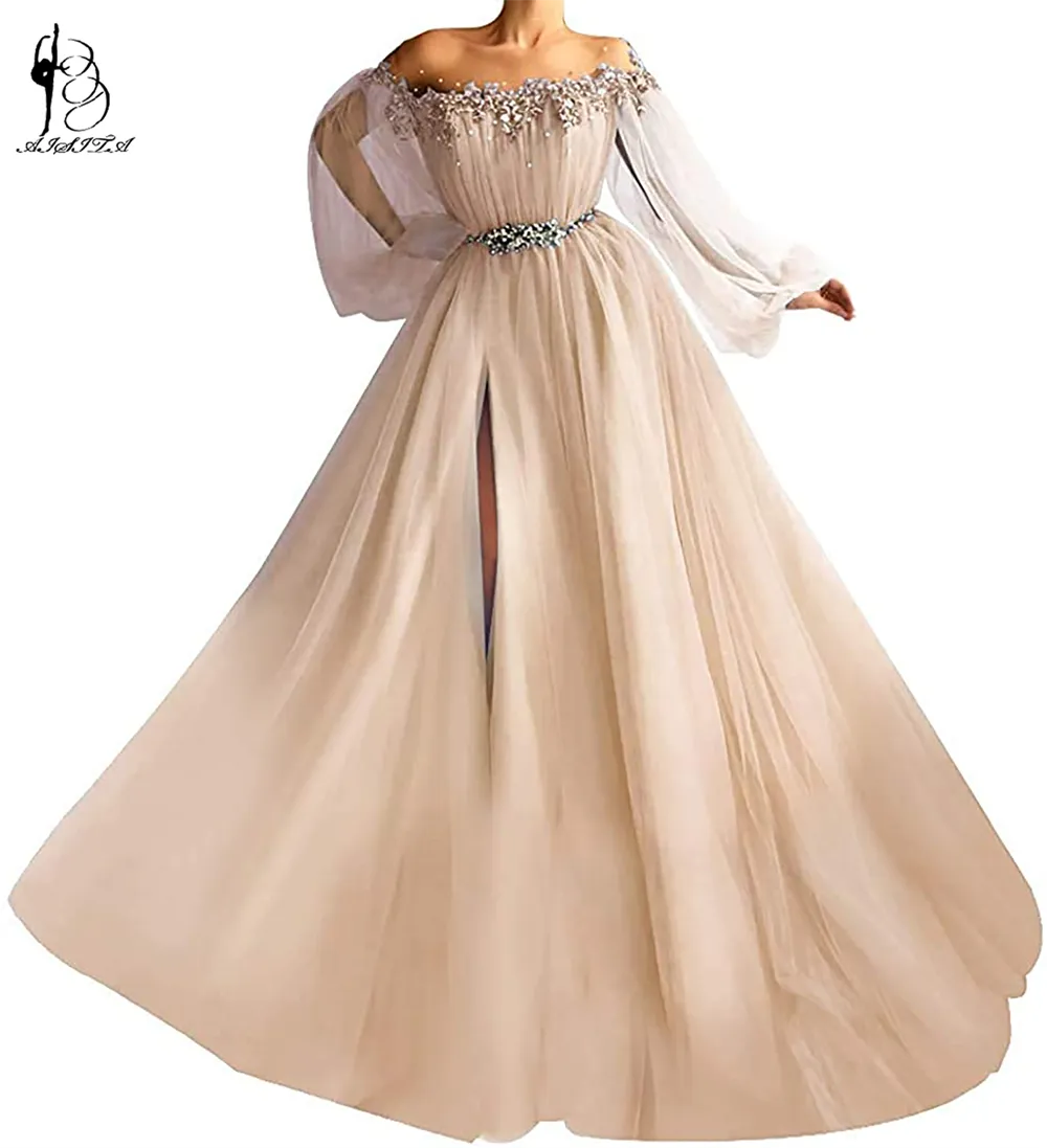 Sexy Slit Chiffon Long Evening Dresses  Women Formal Gowns Lantern Sleeves Prom Gowns For Party Flowers Vestidos De Fiesta