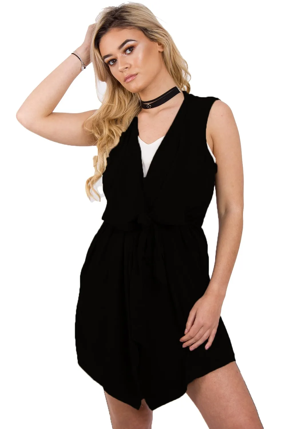 Sleeveless Wrap Front Jacket Waistcoat with Self Tie Belt