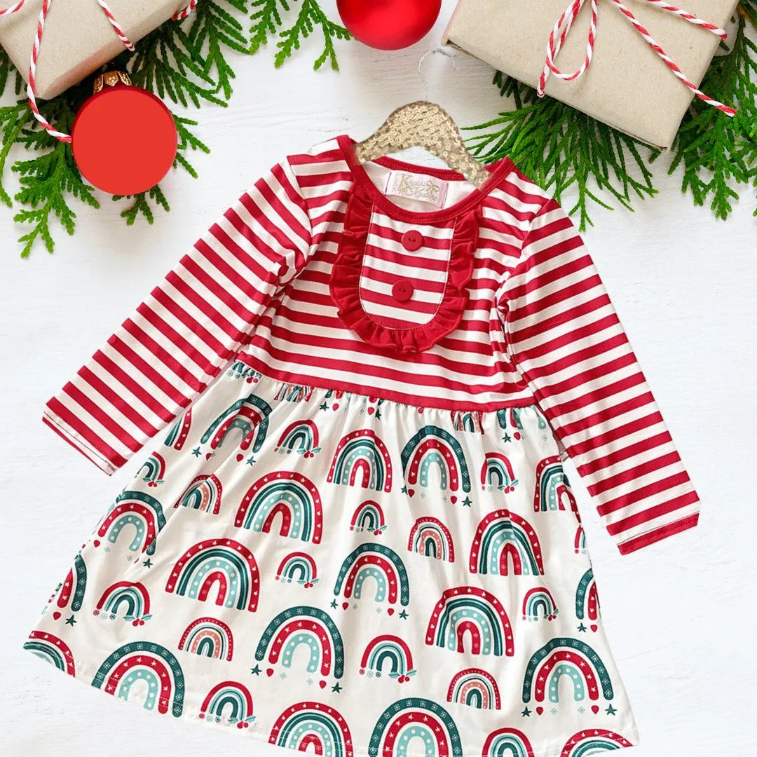 Winter Fun Girls Dresses - Red & Green Rainbow - Top Stripes & Buttons