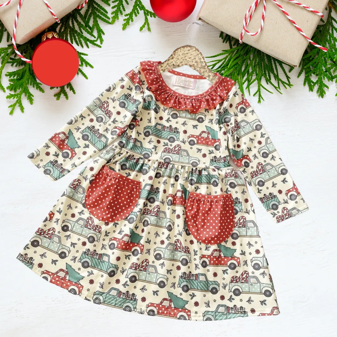 Winter Fun Girls Twirl Dresses - Vintage Trucks with Red Polka Dots Pockets